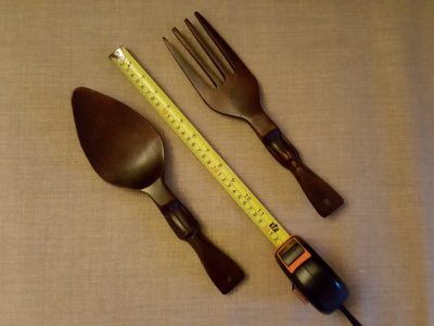 Tiki fork and spoon, with tape measure