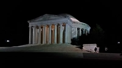 The Jefferson Memorial at night. Jennifer is down in the lower right corner.