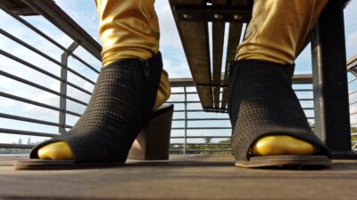 Close-up of Jennifer's shoes, along the waterfront in Camden, New Jersey.