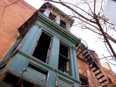 The bay window, viewed from beneath on Read Street.  The bay window was probably in the roughest shape as far as the exterior went, due to its being made of wood rather than brick.